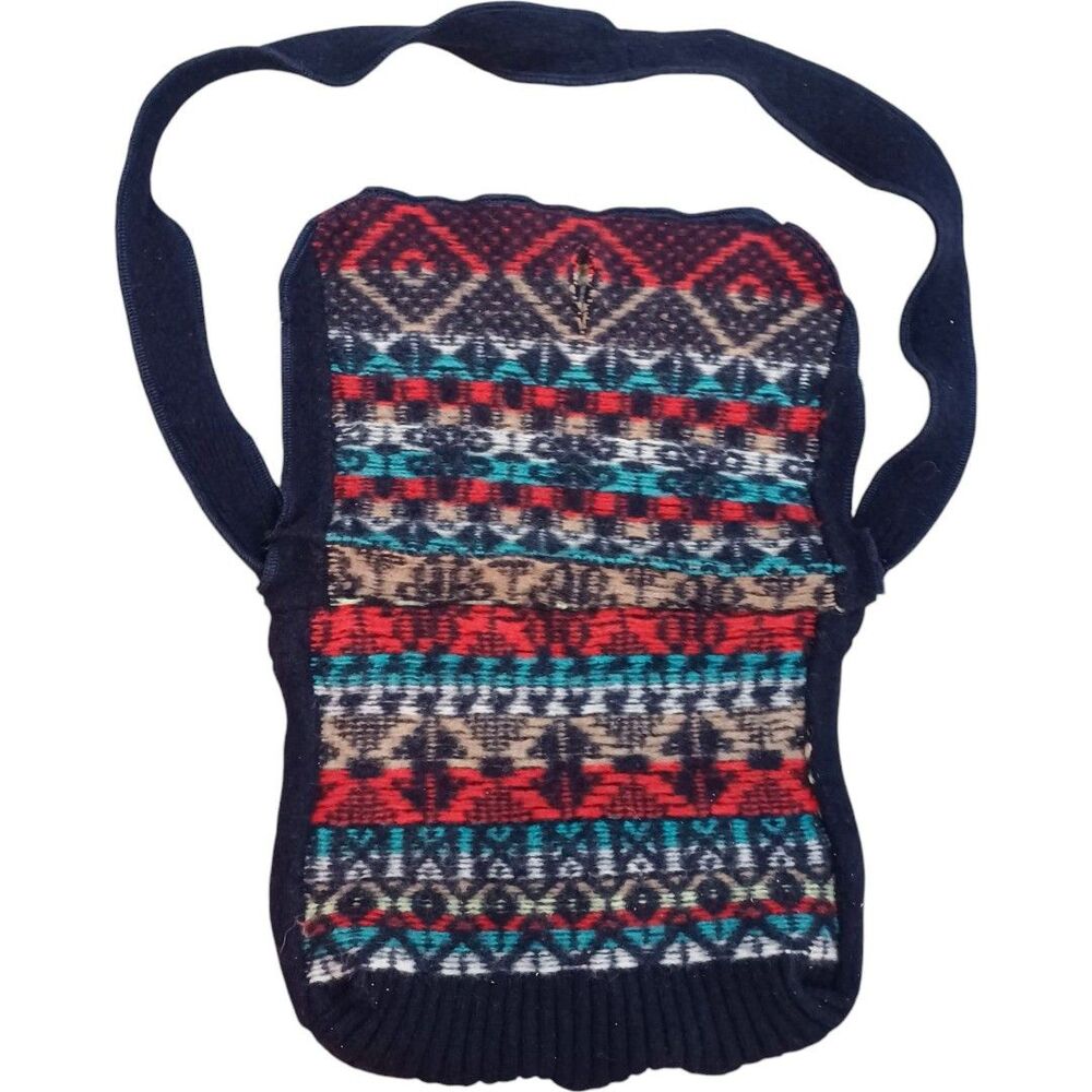 Southwestern Navy Fair Isle Knit Crossbody Bag Boho Aztec Button Flap Purse - Picture 6 of 10